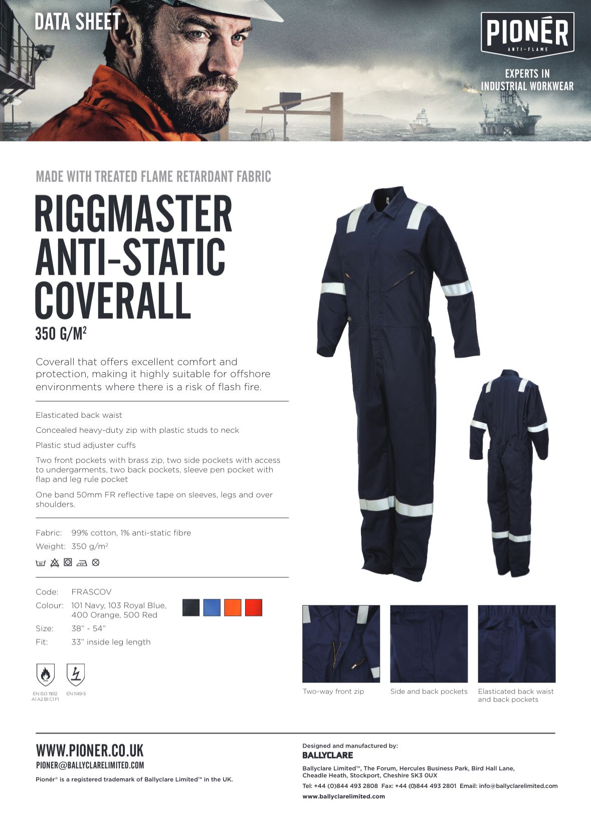 Pioner Heavy Weight Riggmaster Anti-Static Flame Retardant Coverall – Navy Blue 350gsm (Frascov)