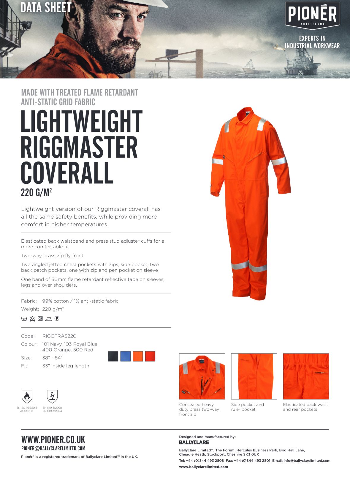 Pioner Lightweight Riggmaster Flame Retardant Anti-Static Coverall – 220gsm Red (Riggfras)