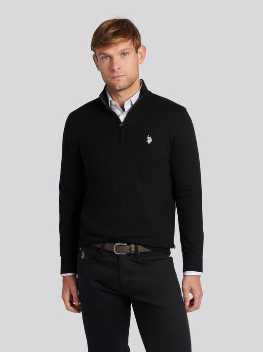 Mens Cotton Funnel Neck 1/4 Zip Knit in Black Bright White DHM