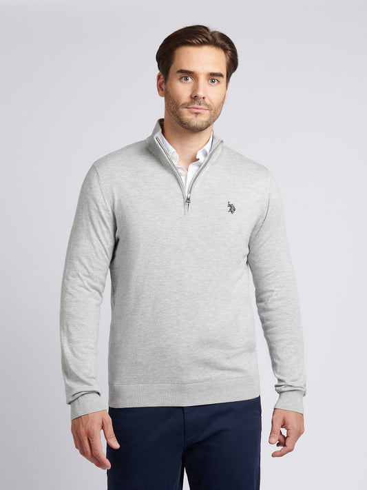 Mens Cotton Funnel Neck 1/4 Zip Knit in Mid Grey Marl