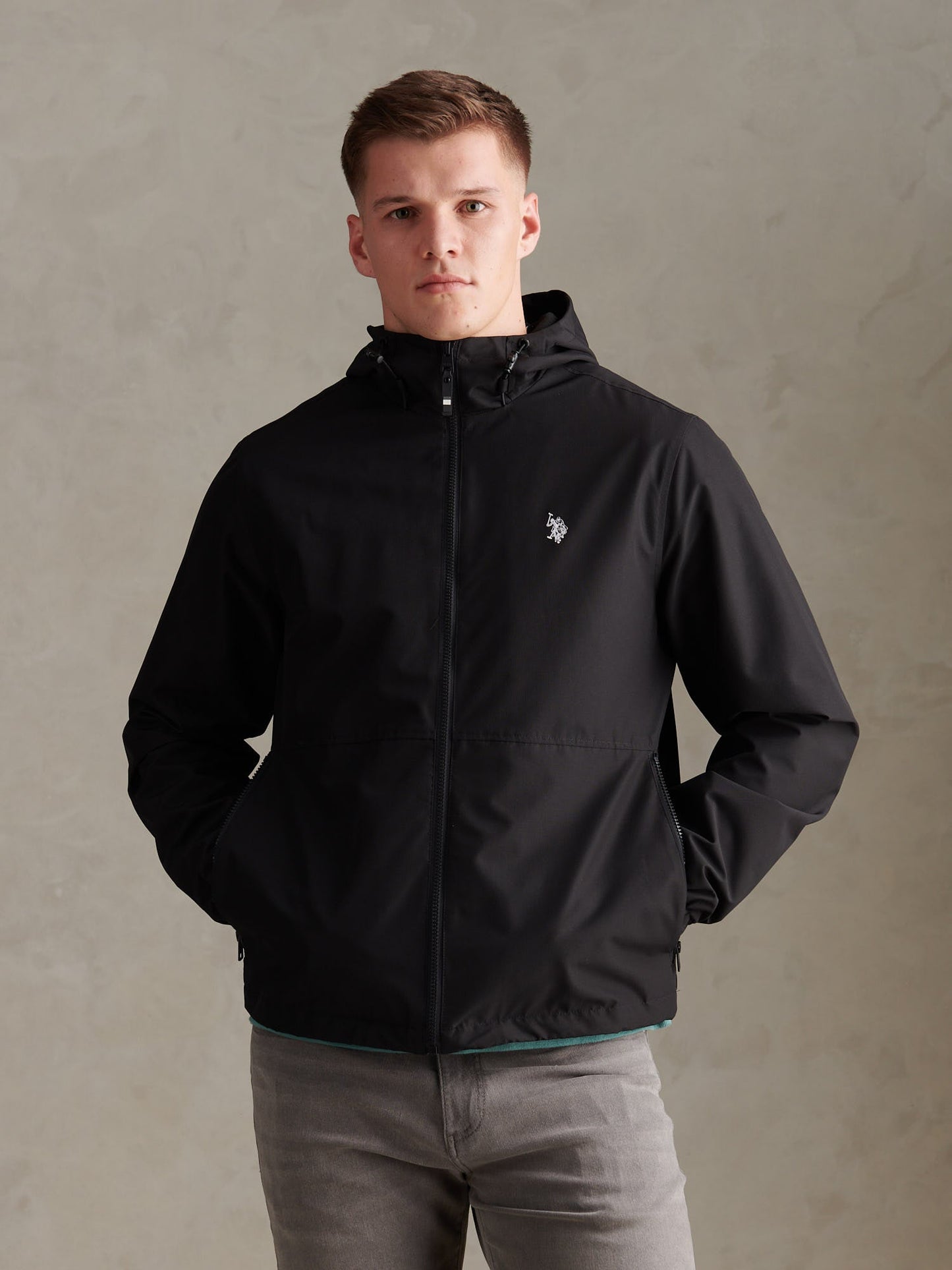 Mens Hooded Windbreaker Black Bright White DHM