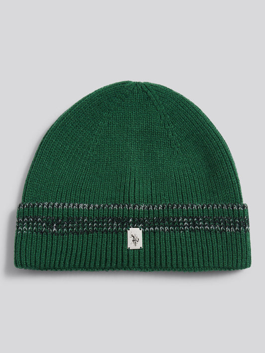 Mens Stripe Tipping Rib Knit Beanie in Pineneedle