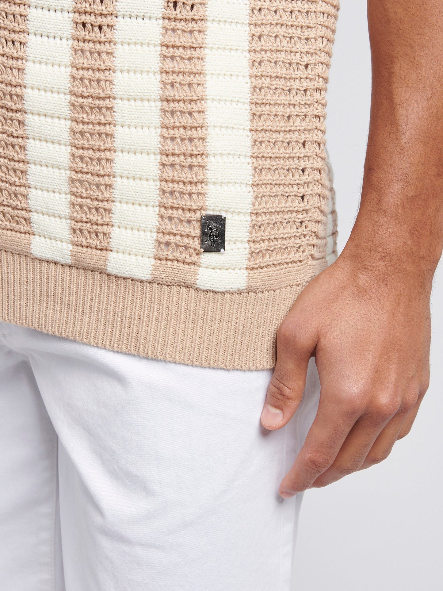 Mens Crochet Knit Open Collar  Polo Shirt in Doeskin