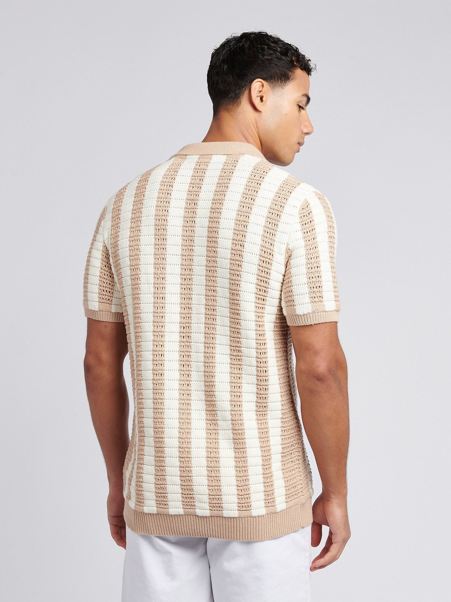 Mens Crochet Knit Open Collar  Polo Shirt in Doeskin