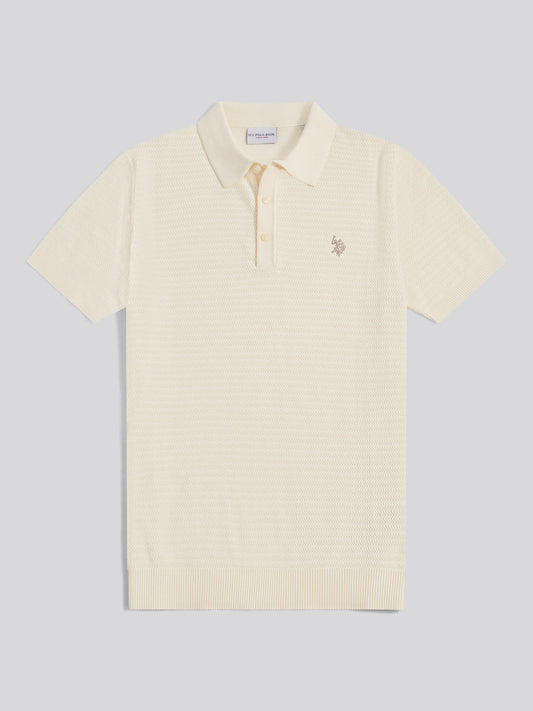 Mens Herringbone Texture Knit Polo Shirt Whisper White