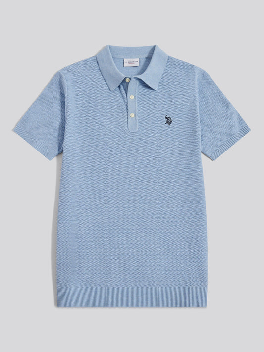 Mens Herringbone Texture Knit Polo Shirt Parisian Blue Marl