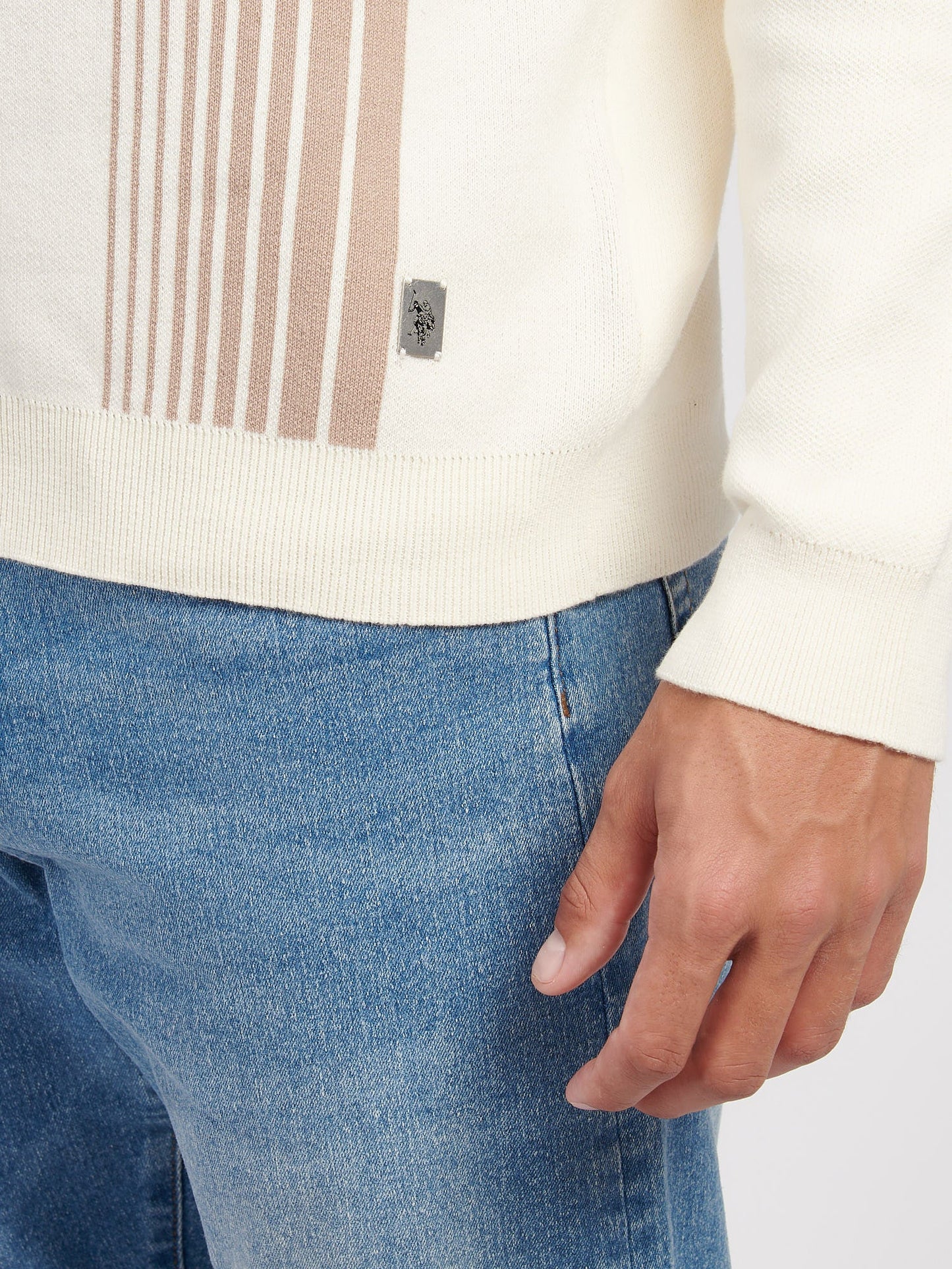 Mens Vertical Stripe Knit Long Sleeve Polo Shirt in Whisper White