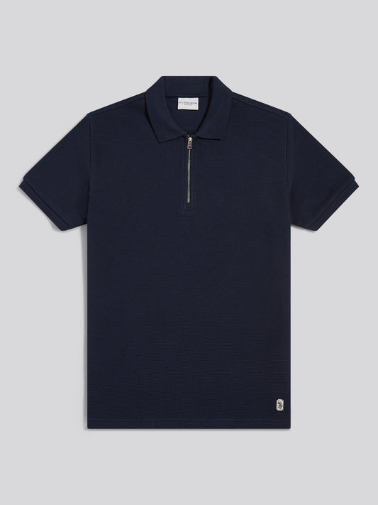 Mens Popcorn Texture Zip Polo Shirt Dark Sapphire Navy