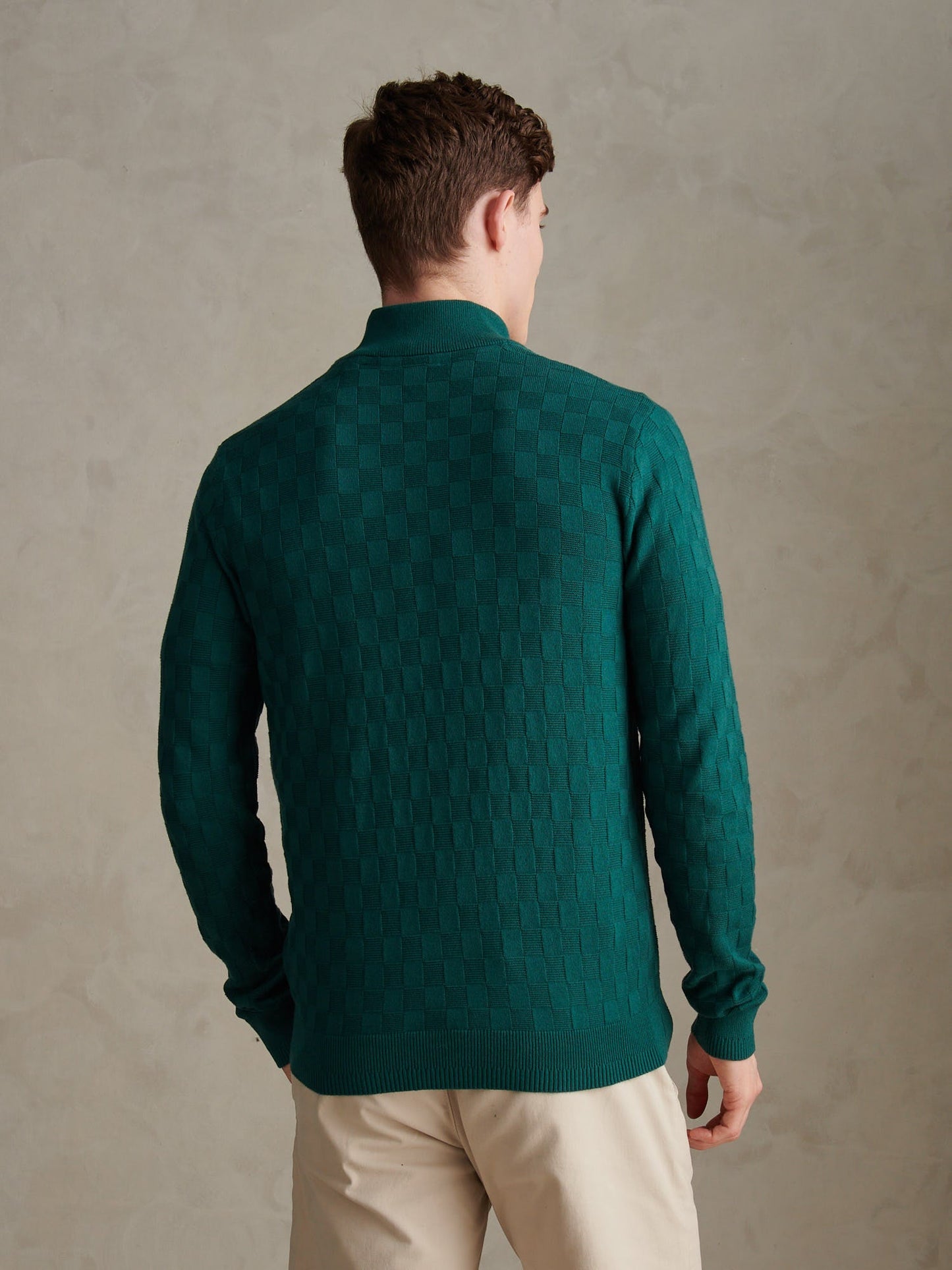 Mens Large Check Knit Quarter Zip Funnel Jumper Mediterranea
