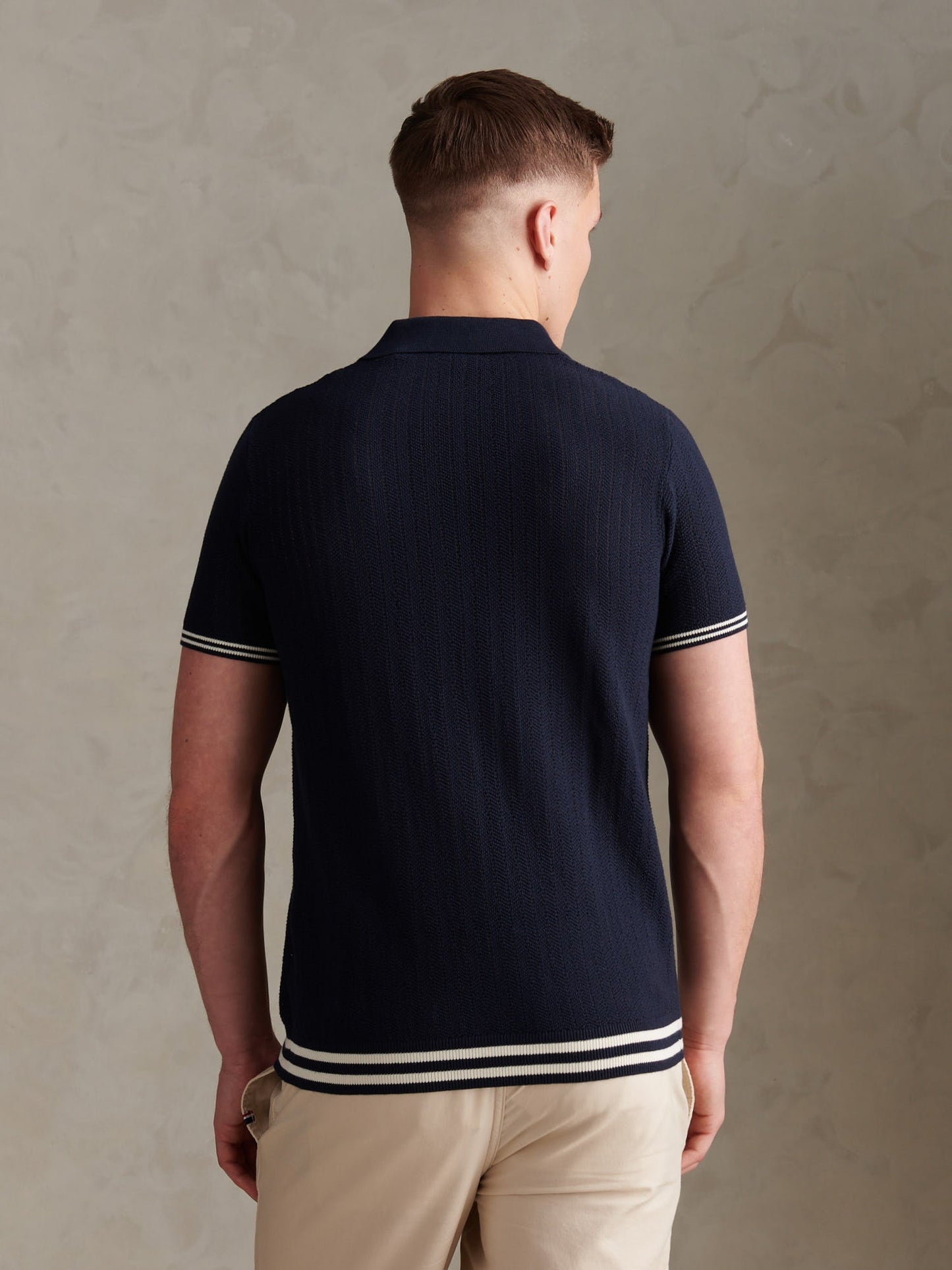 Mens Tipped Open Knit Polo Shirt Dark Sapphire Navy