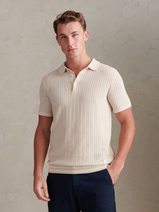 Mens Tipped Open Knit Polo Shirt Beige
