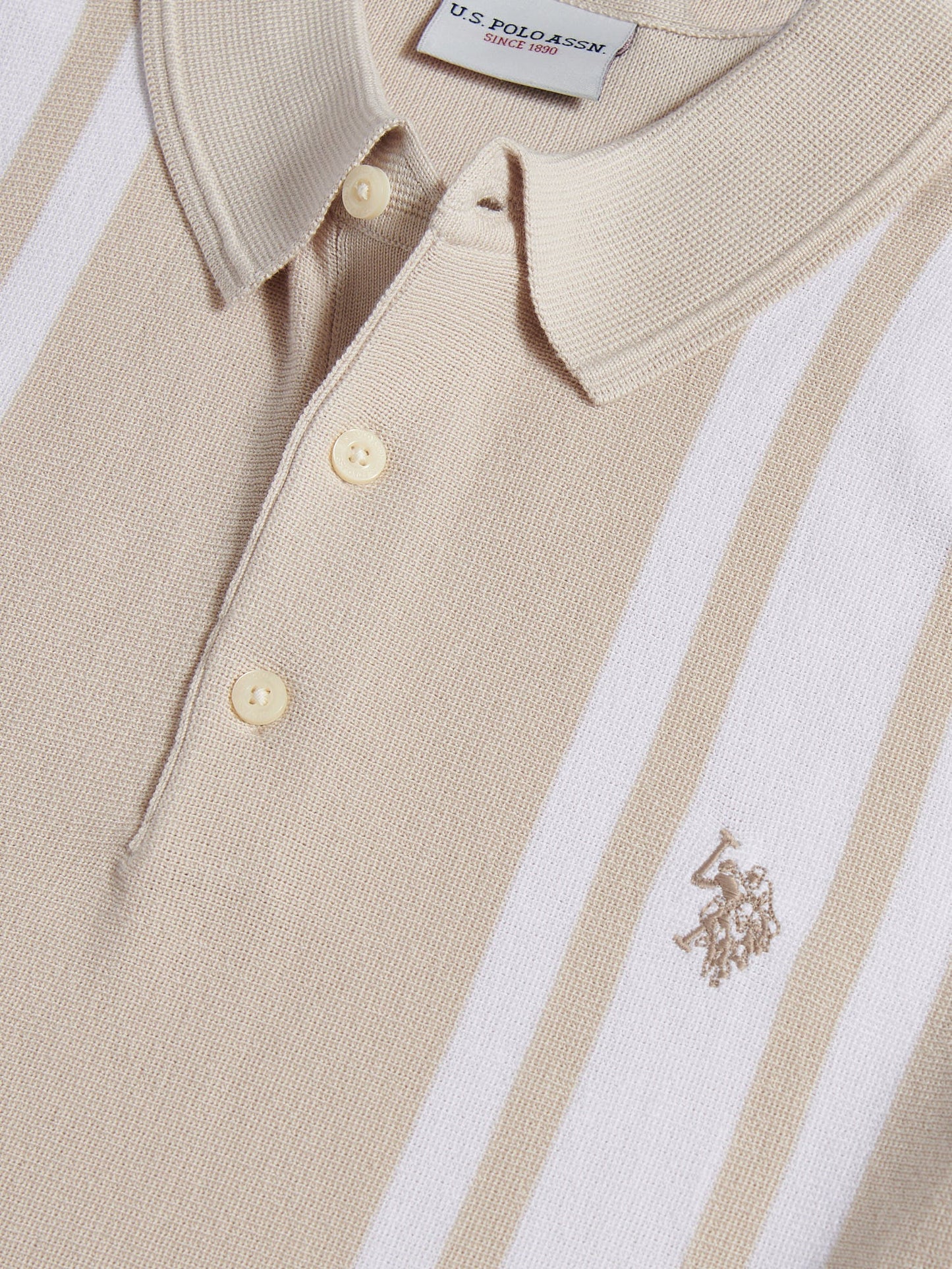 Mens Tonal Vertical Stripe Knit Polo Shirt Beige