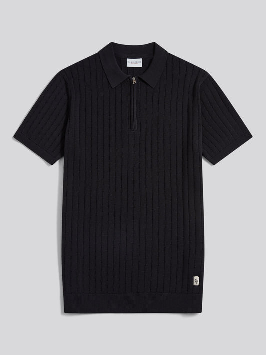 Mens Zip Knit Short Sleeve Polo Shirt Black