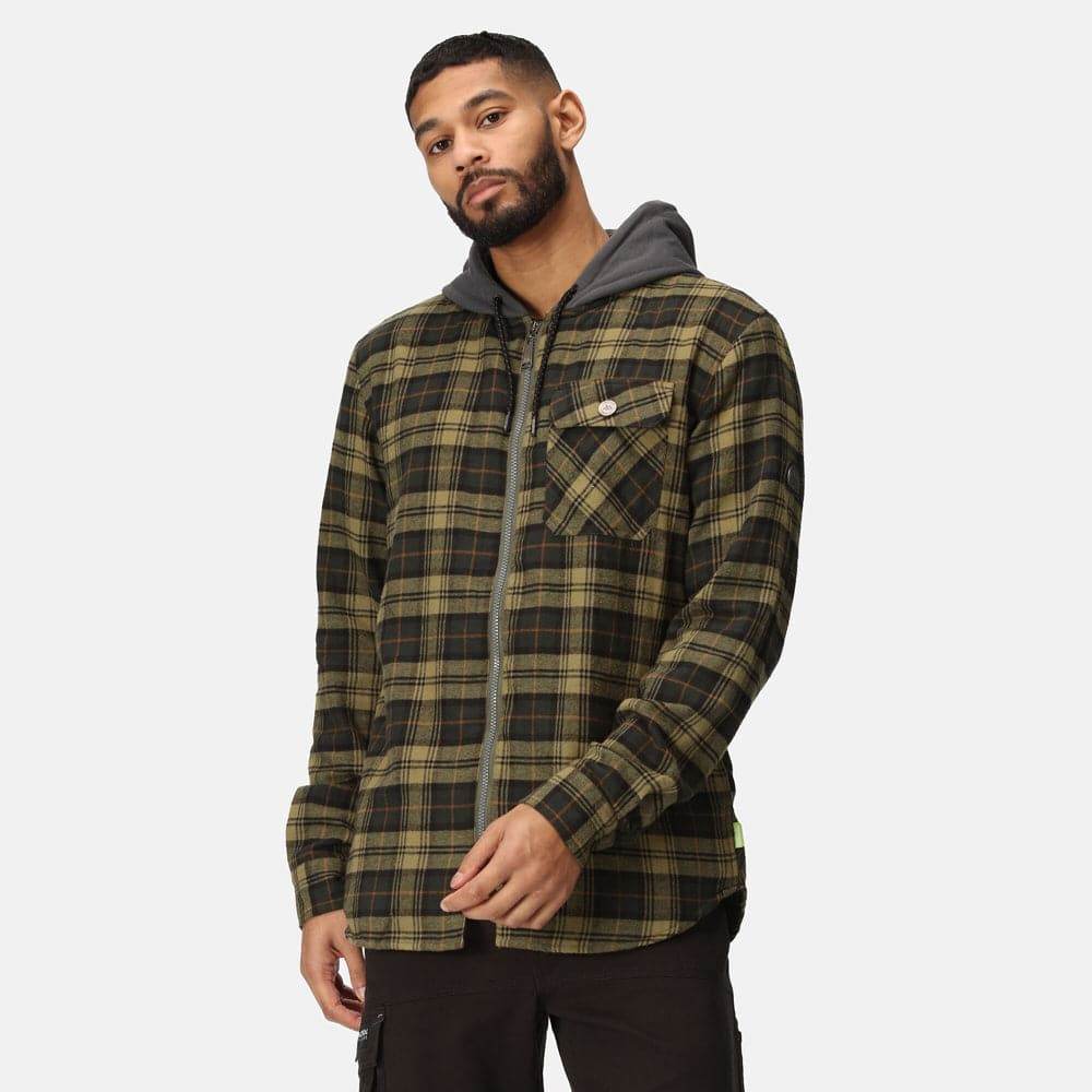 Regatta TRS205 Hooded Shirt Jacket Dark Khaki Check / Small