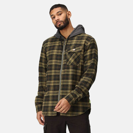 Regatta TRS205 Hooded Shirt Jacket Dark Khaki Check 3XL