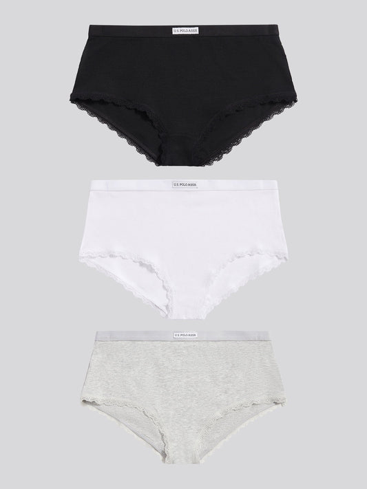Womens 3 Pack Lace Trim Rib Shortie in Black / White / Grey