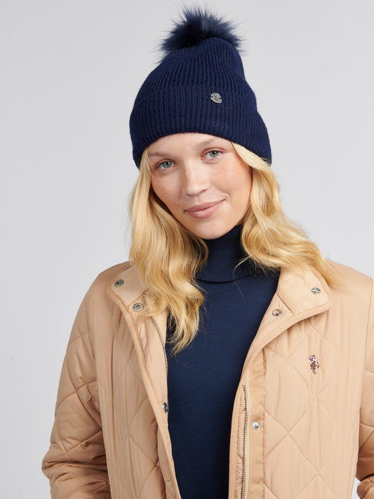 Womens Lurex Fur Bobble Beanie in Navy Iris