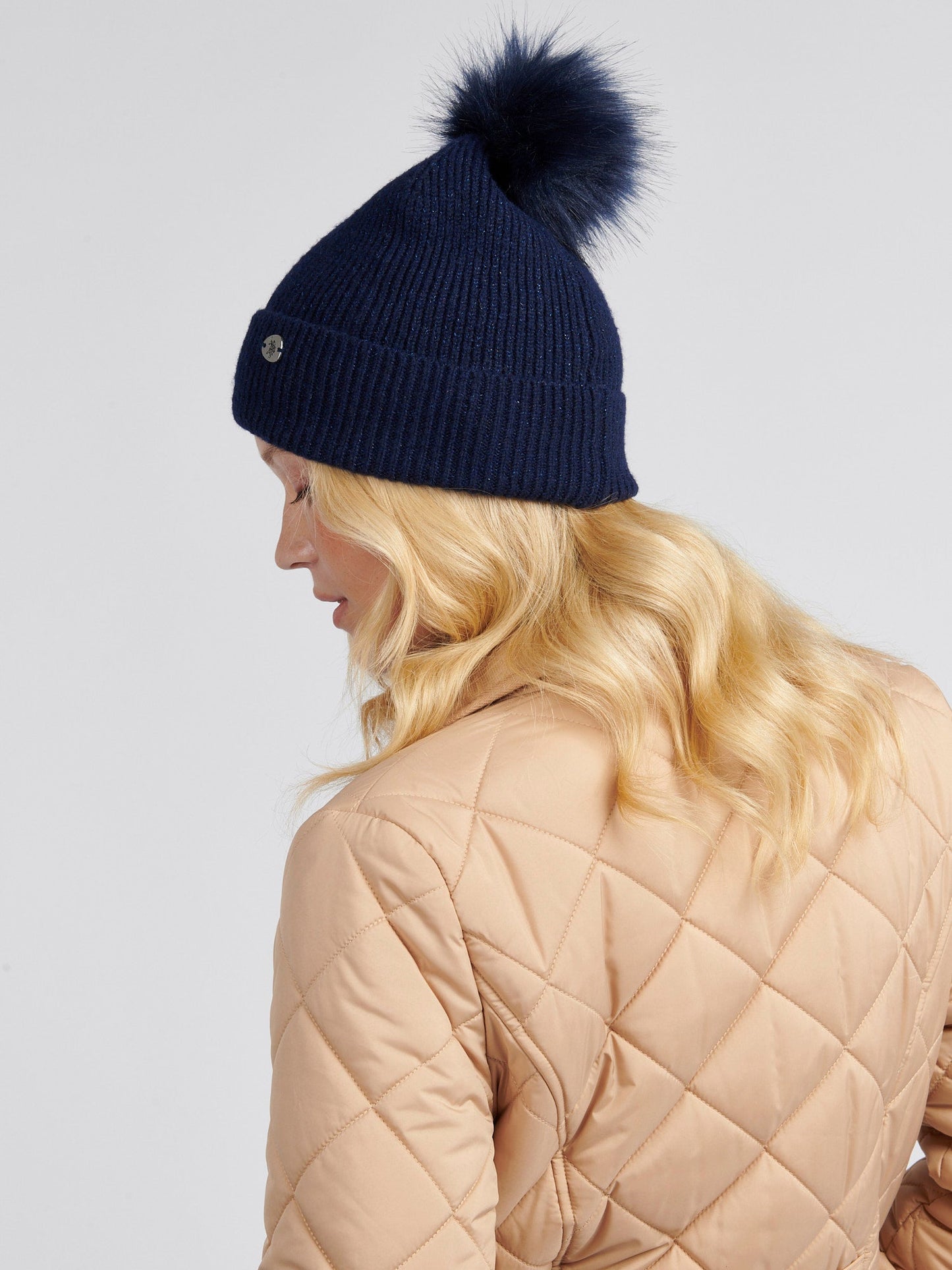 Womens Lurex Fur Bobble Beanie in Navy Iris