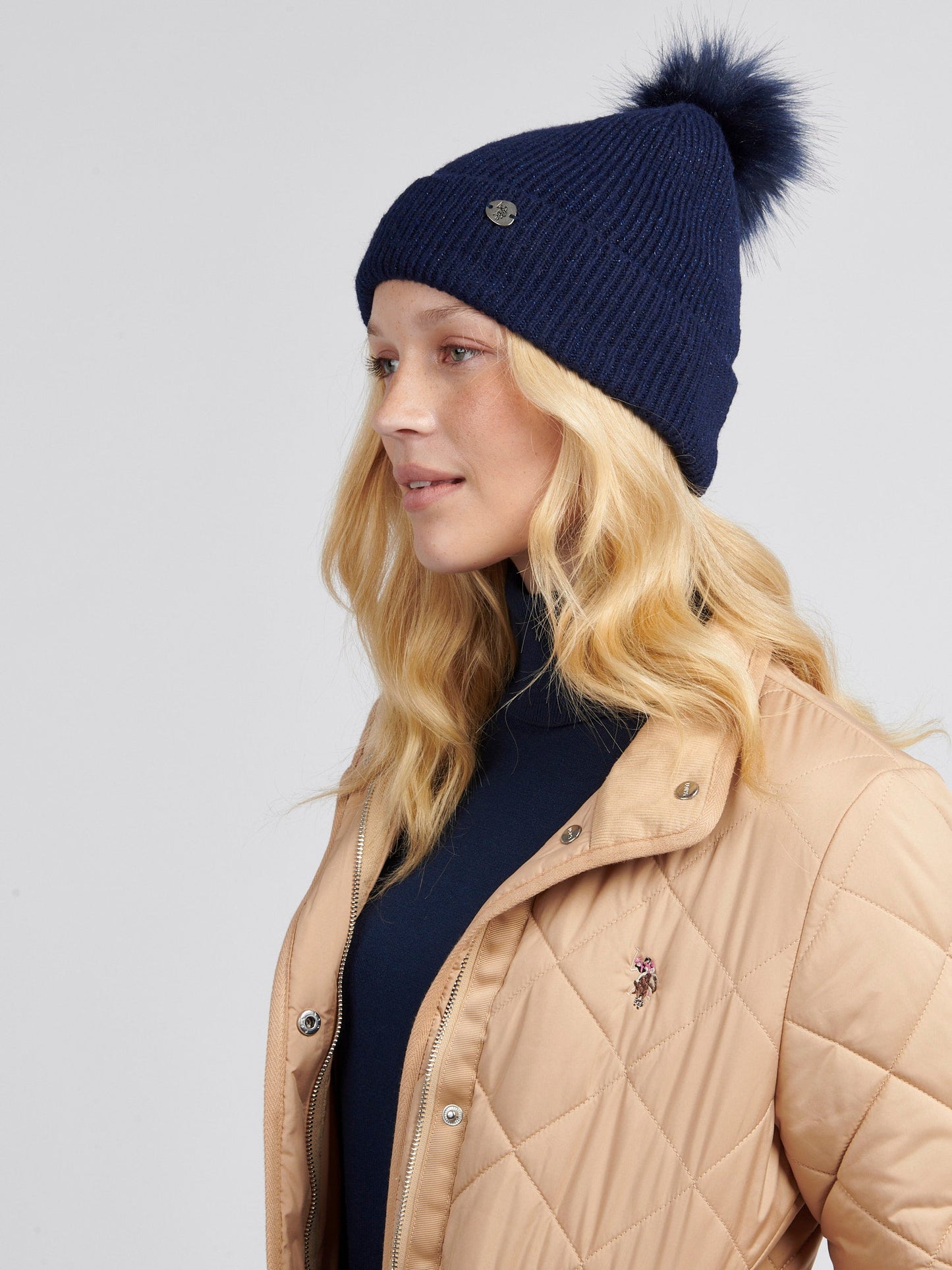 Womens Lurex Fur Bobble Beanie in Navy Iris