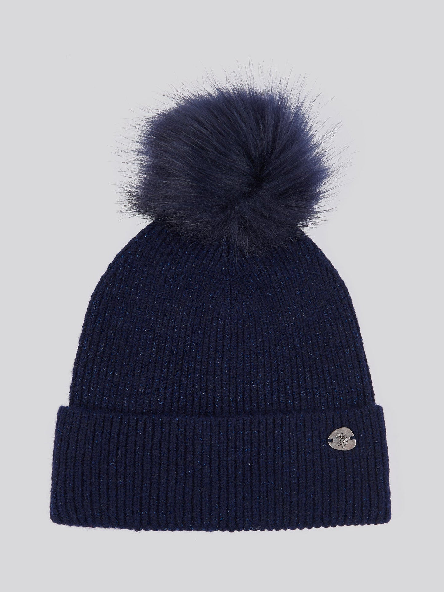 Womens Lurex Fur Bobble Beanie in Navy Iris
