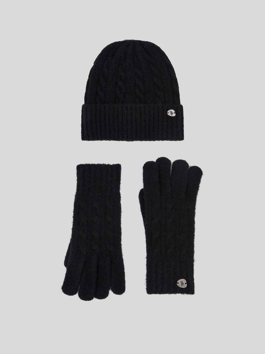 Womens Signature Cable Knit Beanie & Gloves Set in Black