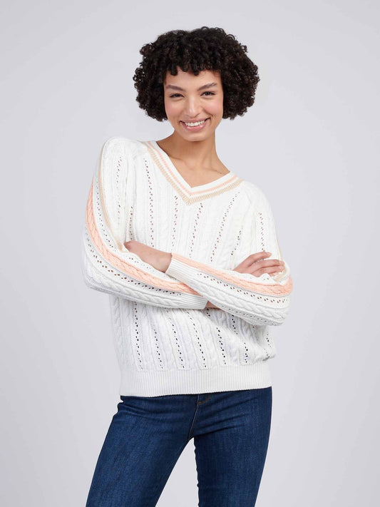 Womens Open Knit Cable Cricket Jumper in Marshmallow