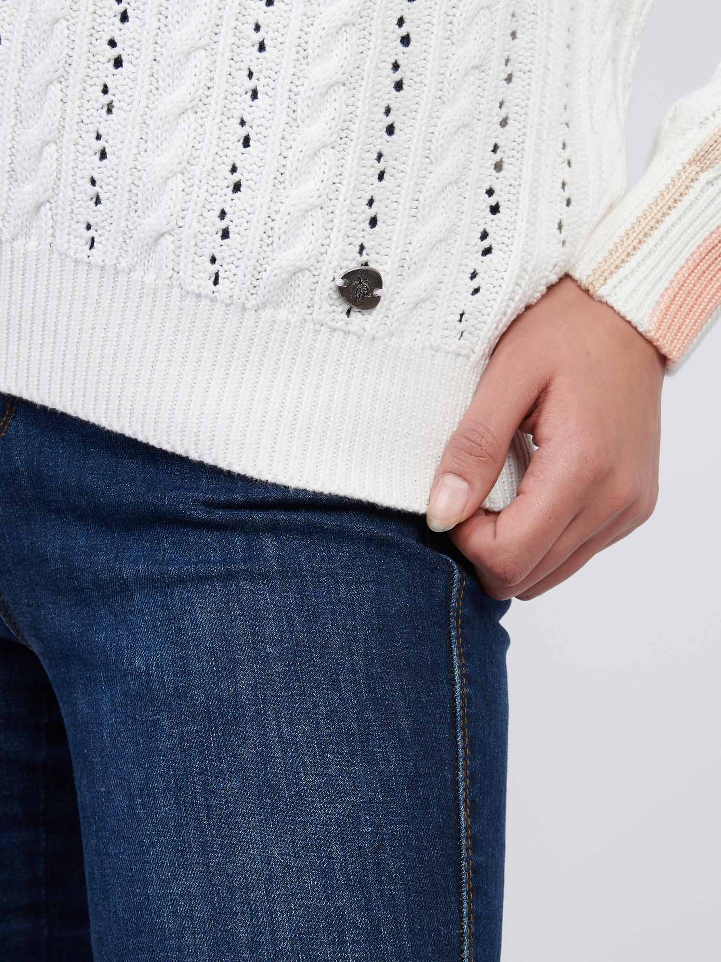 Womens Open Knit Cable Cricket Jumper in Marshmallow