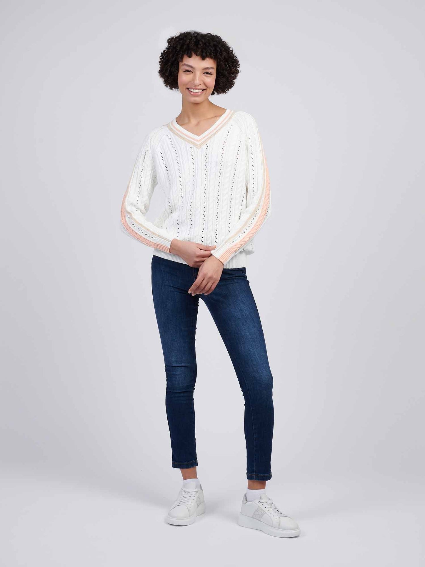 Womens Open Knit Cable Cricket Jumper in Marshmallow