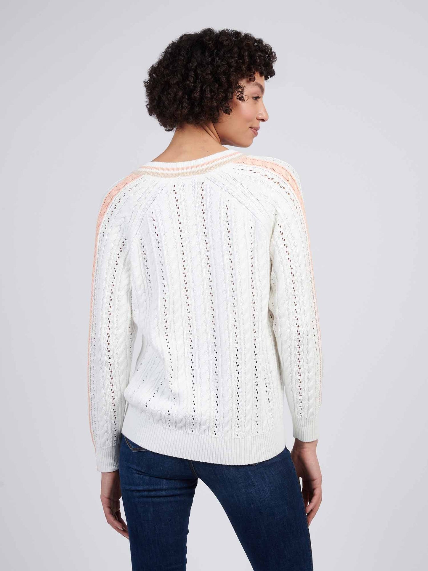 Womens Open Knit Cable Cricket Jumper in Marshmallow