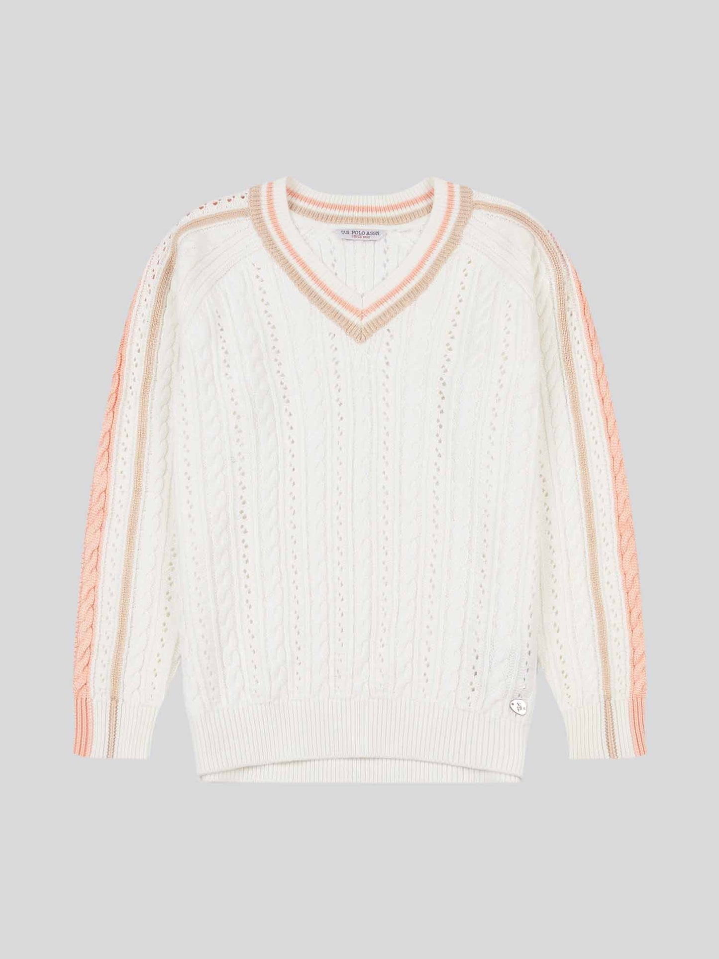 Womens Open Knit Cable Cricket Jumper in Marshmallow