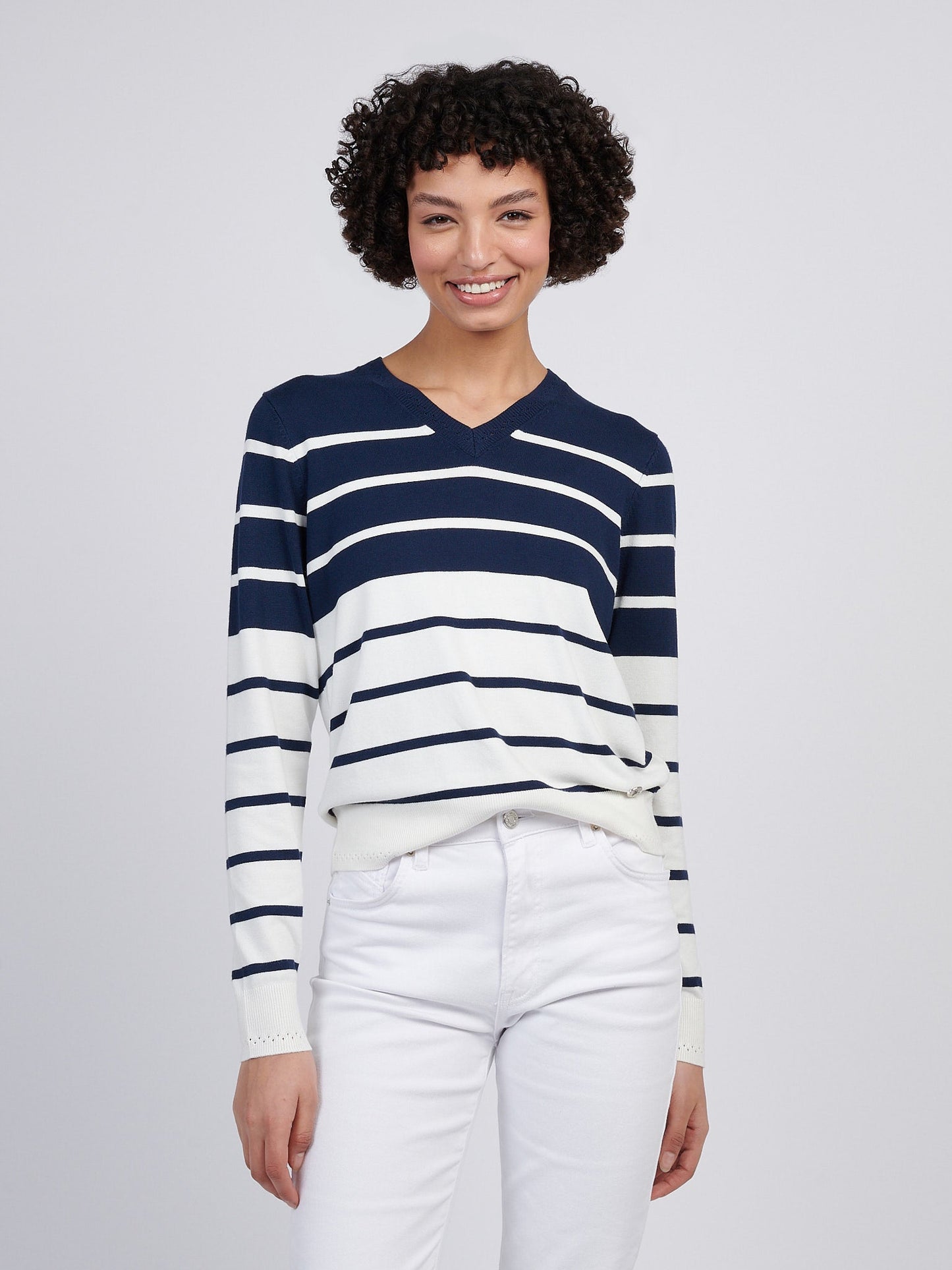 Womens Stripe V-Neck Fine Knit Jumper in Navy Iris