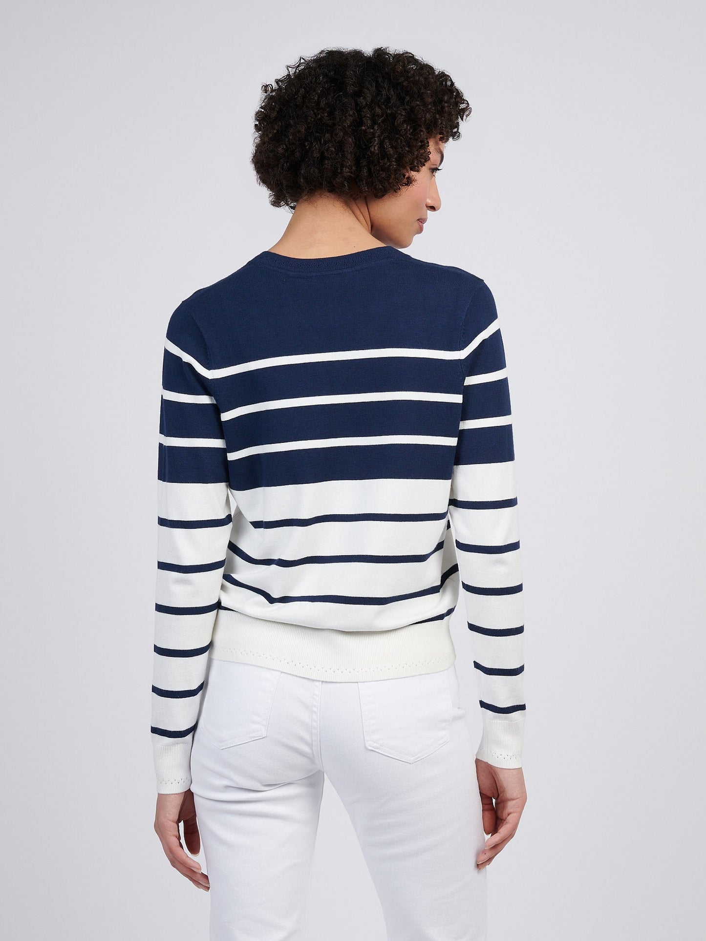 Womens Stripe V-Neck Fine Knit Jumper in Navy Iris