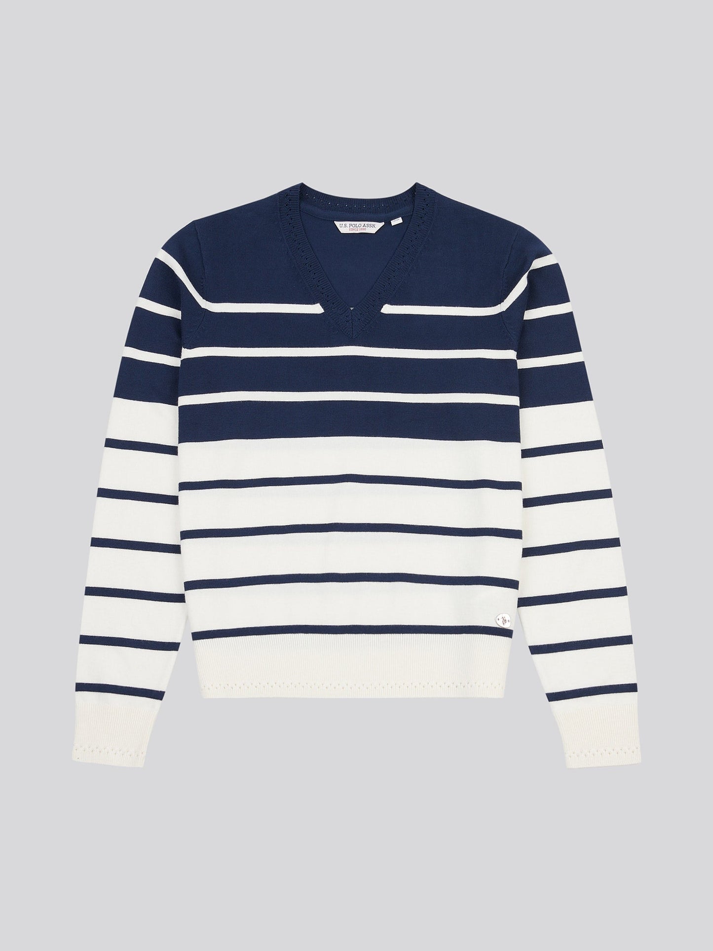 Womens Stripe V-Neck Fine Knit Jumper in Navy Iris