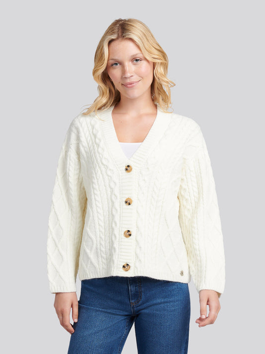 Womens Aran Cable Cardigan Marshmallow