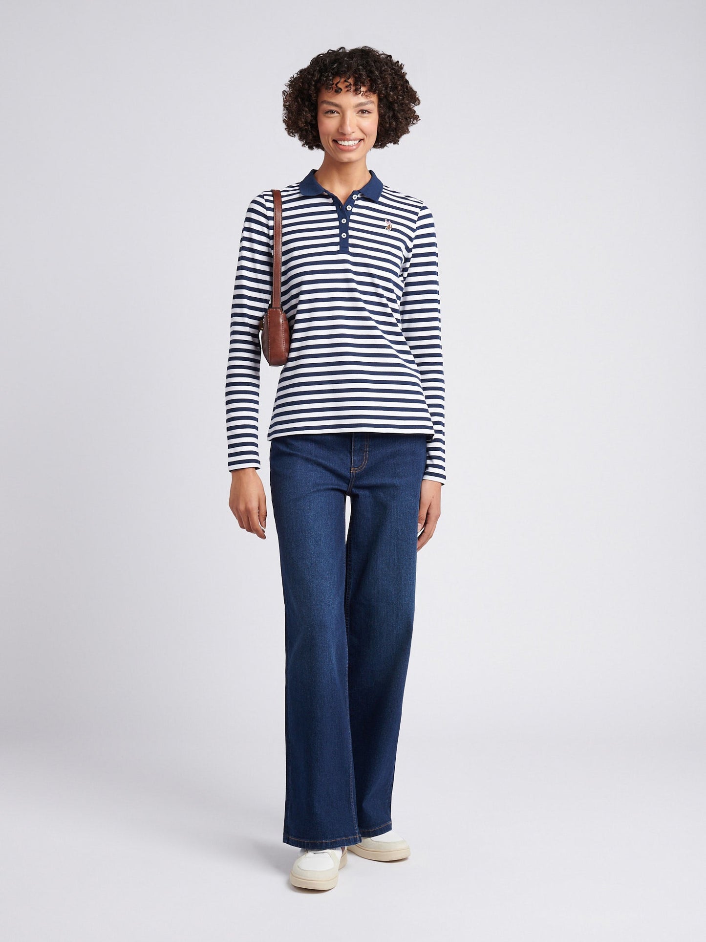 Womens Long Sleeve Stripe Contrast Collar Polo Shirt in Navy Iris