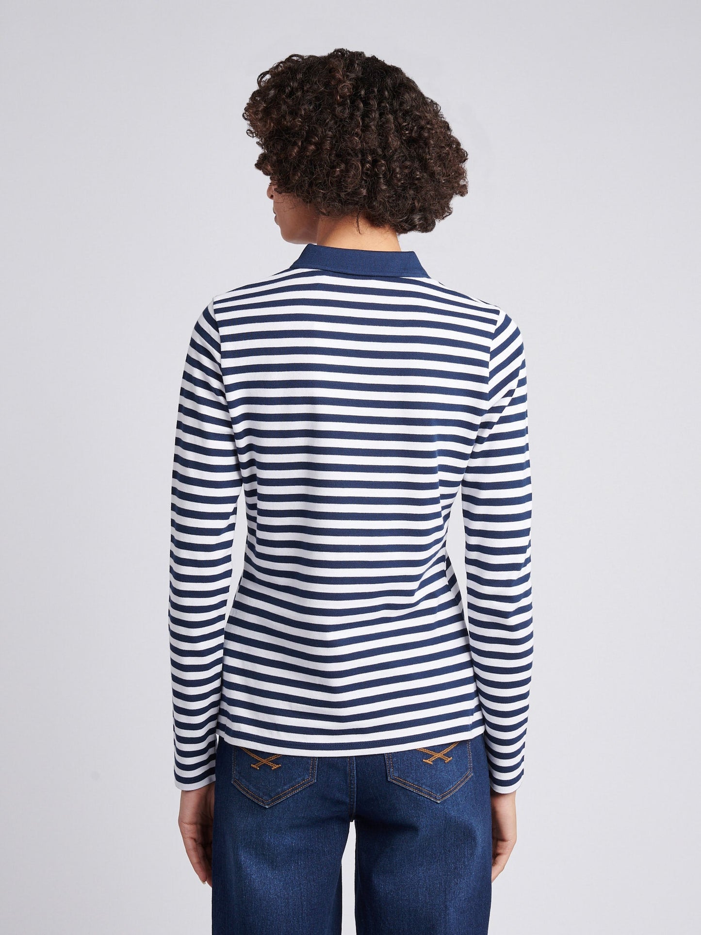 Womens Long Sleeve Stripe Contrast Collar Polo Shirt in Navy Iris