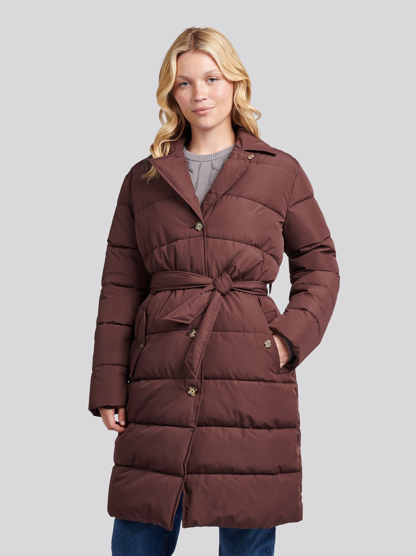 Womens Puffer Trench Coat in Puce