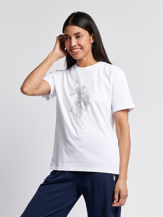 Womens Double Horsemen Print Crew Neck T-Shirt in Bright White