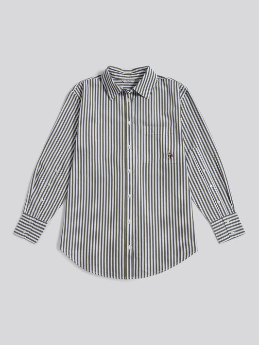 Womens Cotton Poplin Loose Fit Stripe Shirt in Kalamata Green