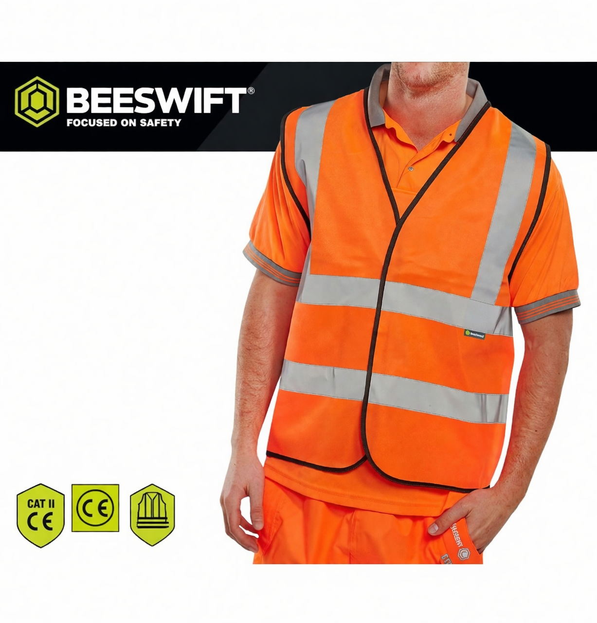 Beeswift Hi Vis Safety Vest – Orange Reflective Waistcoat (EN ISO 20471 Class 2)