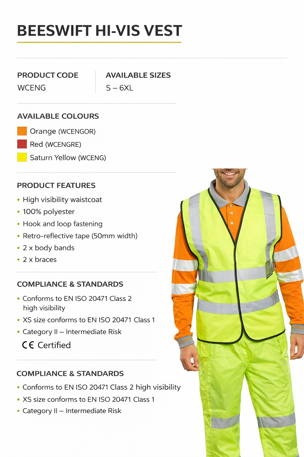 Beeswift Hi Vis Safety Vest – Yellow Reflective Waistcoat (EN ISO 20471 Class 2)