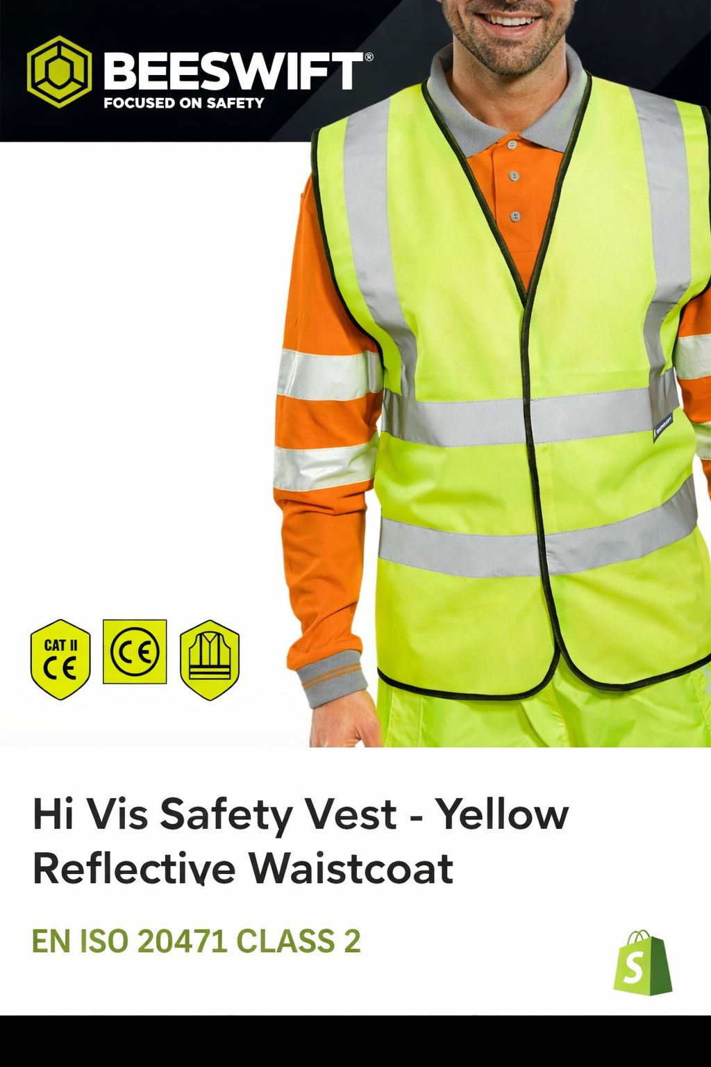 Beeswift Hi Vis Safety Vest – Yellow Reflective Waistcoat (EN ISO 20471 Class 2)